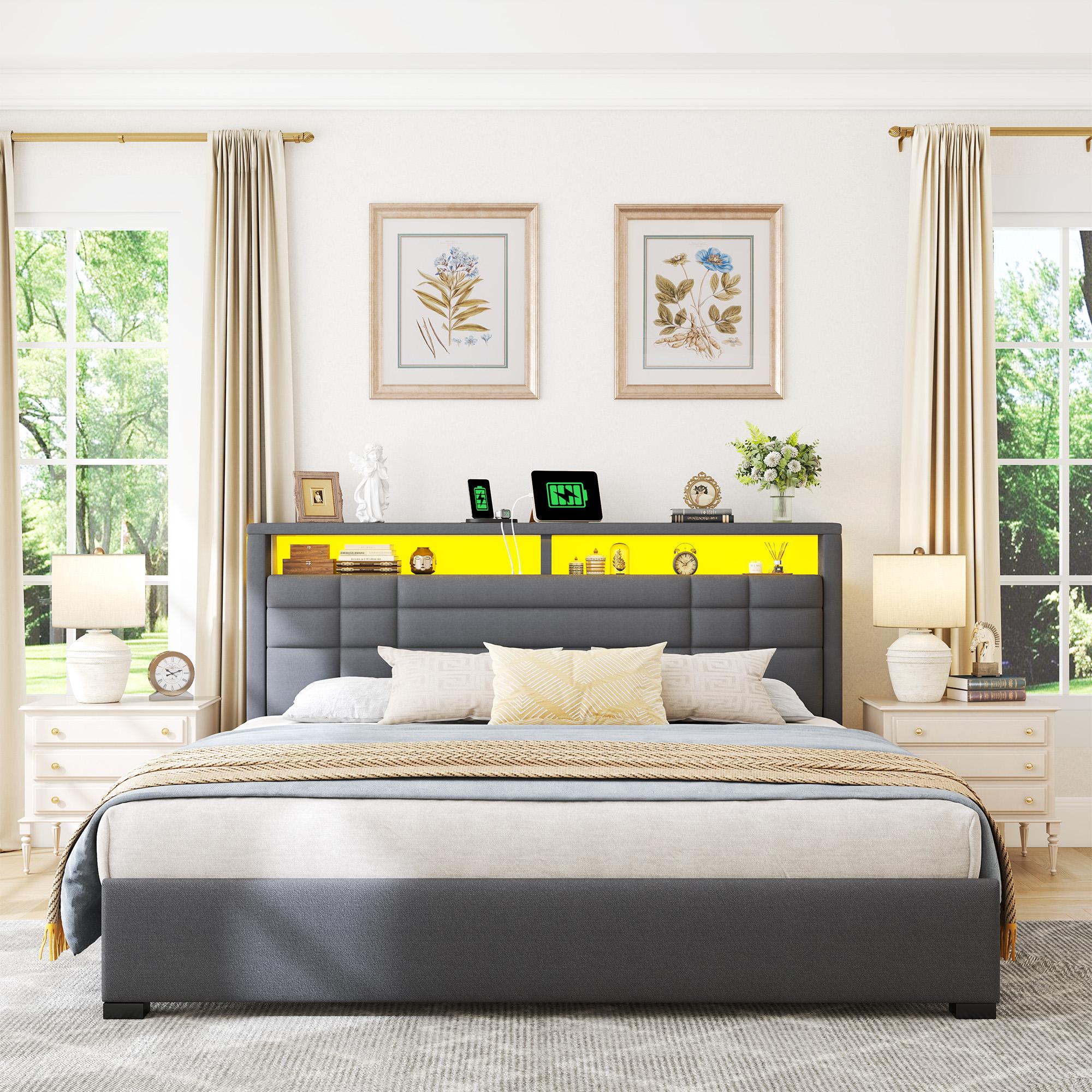 【Teen Size Bed】Raybee Luxury Bed Frames with Headboard & 2 Storage Shelves, Upholstered Bed Frame with LED & USB Ports for Full Queen King, Modern Bedroom Furniture, No Mattress, No Noise, Metal Slats Holds up to 880lbs[BlackFridayCyberMonday]