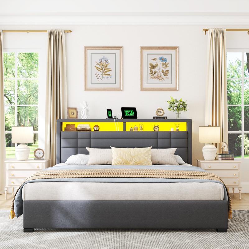 【Teen Size Bed】Raybee Luxury Bed Frames with Headboard & 2 Storage Shelves, Upholstered Bed Frame with LED & USB Ports for Full Queen King, Modern Bedroom Furniture, No Mattress, No Noise, Metal Slats Holds up to 880lbs[BlackFridayCyberMonday]