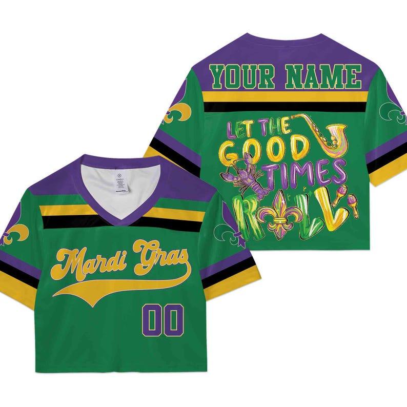 Personalized Mardi Gras Crop Top Football Jersey, Custom Name Mardi Gras Football Jersey, Jersey Uniform For Football Fans Mardi Gras Outfit