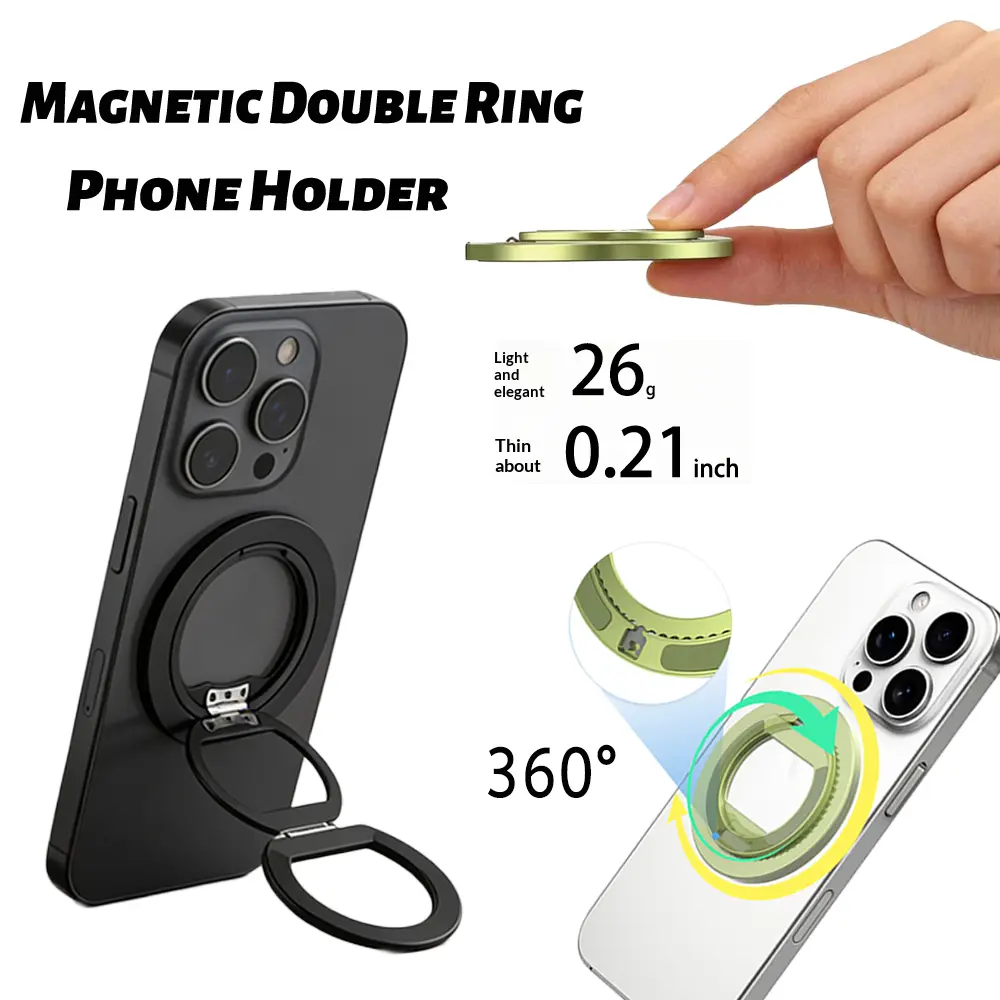 0.21 in Ultra-Thin MagSafe 2-in-1 Magnetic Smartphone Mount, Double Ring Cellphone Holder with 360° Inpolar Rotation, Lightweight Aluminum Alloy Mobile Accessory, Easy to Use, Fits All Phones and Cases