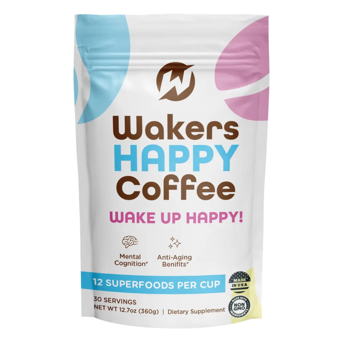 Wakers Happy Coffee Premium Smooth Dark French Roast Organic Instant Coffee Blend Powder - Clean, Sugar-Free, Gluten-Free, Plant-Based Vegan Beverage with 12 All-Natural Superfood Infusions for Energy (Health & Wellness Supplement) Coffee Powder Mix Coffe