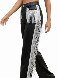 Womens Fringe Pants Faux Leather PU Button Straight Leggings Sparkly Tassels Side Skinny Trousers