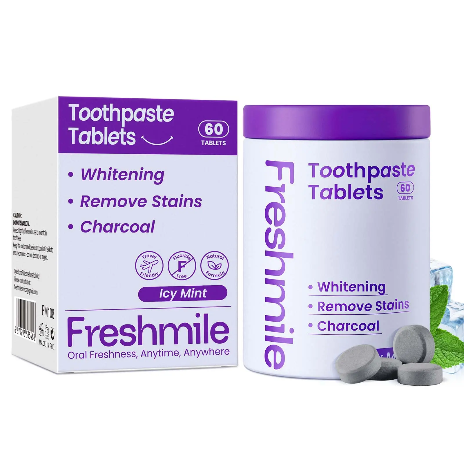 Icy Mint Whitening Toothpaste Tablets, 60 Count - Chew & Foam Formula with Activated Charcoal, Malic Acid, Citric Acid, Maltodextrin & Dates, Enamel Repair Toothpaste for Smokers, Deep Cleaning Products for All Ages, Fresh Oral Care