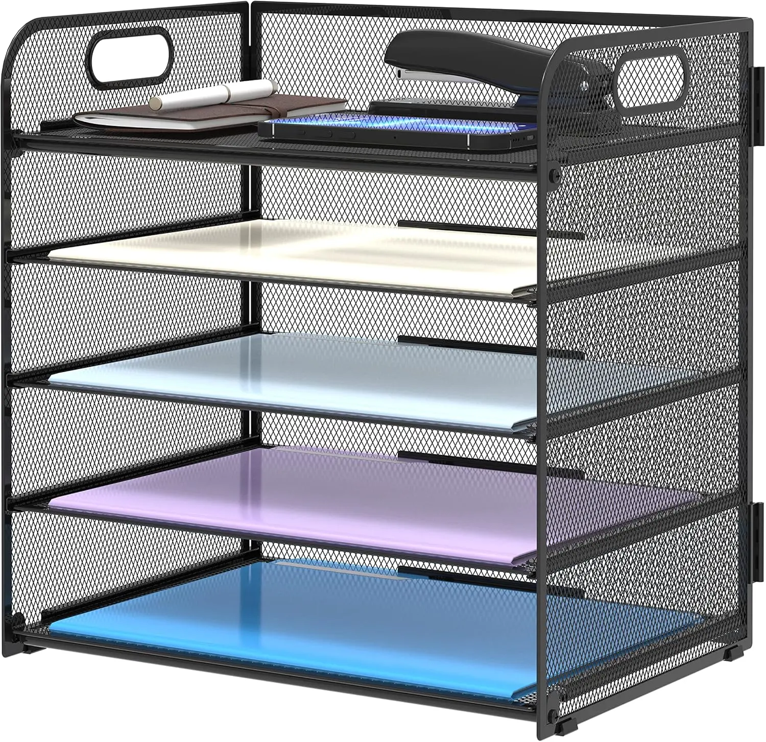 5 Trays Paper Organizer Letter Tray with Handle-Mesh Desk File Organizer, Paper Sorter Desk Organizer for Office, Home or School