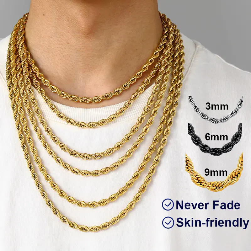U7 Adjustable Hypoallergenic Rope Twist 100% Solid Stainless Steel Chain Necklace - 3mm, 18-30" Fit Range (18in/46cm, 18/20/22/24/26/28/30in), Stackable, Nickel-Free, No-Tarnish, Unisex Hip Hop Jewelry with Pouch for Daily Wear