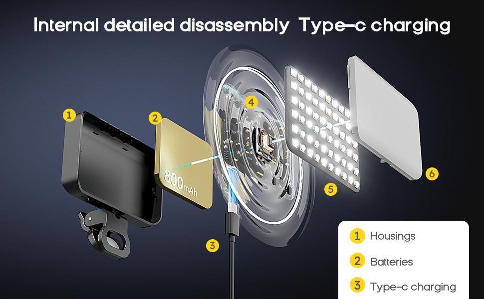 LED Portable Selfie Light, 60 LEDs, Rechargeable 800mAh, Clip-on LED Light Panel, Dimmable 3000-6500K, CRI 97+, 3 Lighting Modes, Suitable for Mobile Phones, iPhones, Webcams, Laptops, Photos, Makeup