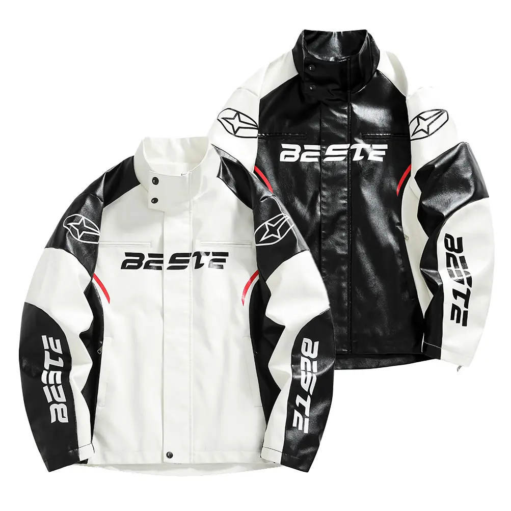 Men’s Faux Leather Racing Jacket - Color-Blocked Motorcycle Coat, Vintage Letter Print Stand Collar Zip-Up, Stylish Menswear Tops & Coats, Autumn Casual Street Style Outerwear