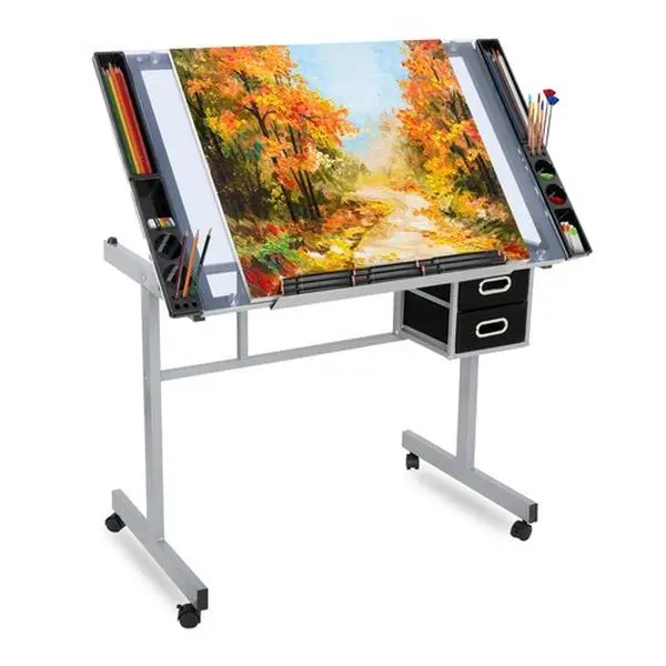 Segawe Modern Adjustable Angle Glass & Steel Drafting Table - Art Desk with 2 Slide Drawers, Commercial Office Furniture, Setup Required (with Height Range)