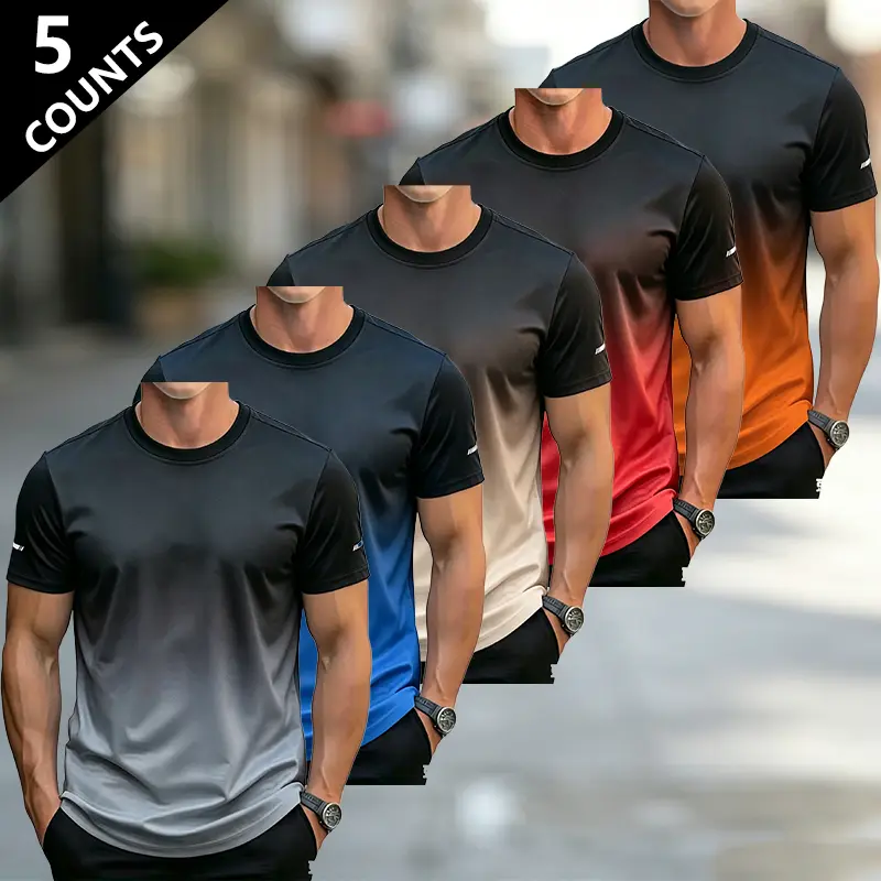 Pack of 5 – Men’s gradient print short-sleeve T-shirts, outdoor casual crew neck short-sleeve T-shirts, comfortable breathable polyester fabric, summer activewear tops for going out