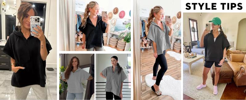 FISOEW Womens Oversized Half Zip Hoodies Short Sleeve Casual Sweatshirts Pullover Tops with Pockets Leggings Loose Aesthetic parke mockneck sweatshirt comfort sweatshirts denim tear hoodie FallFreshness #Springtok #TikTokShopJumpstartSale