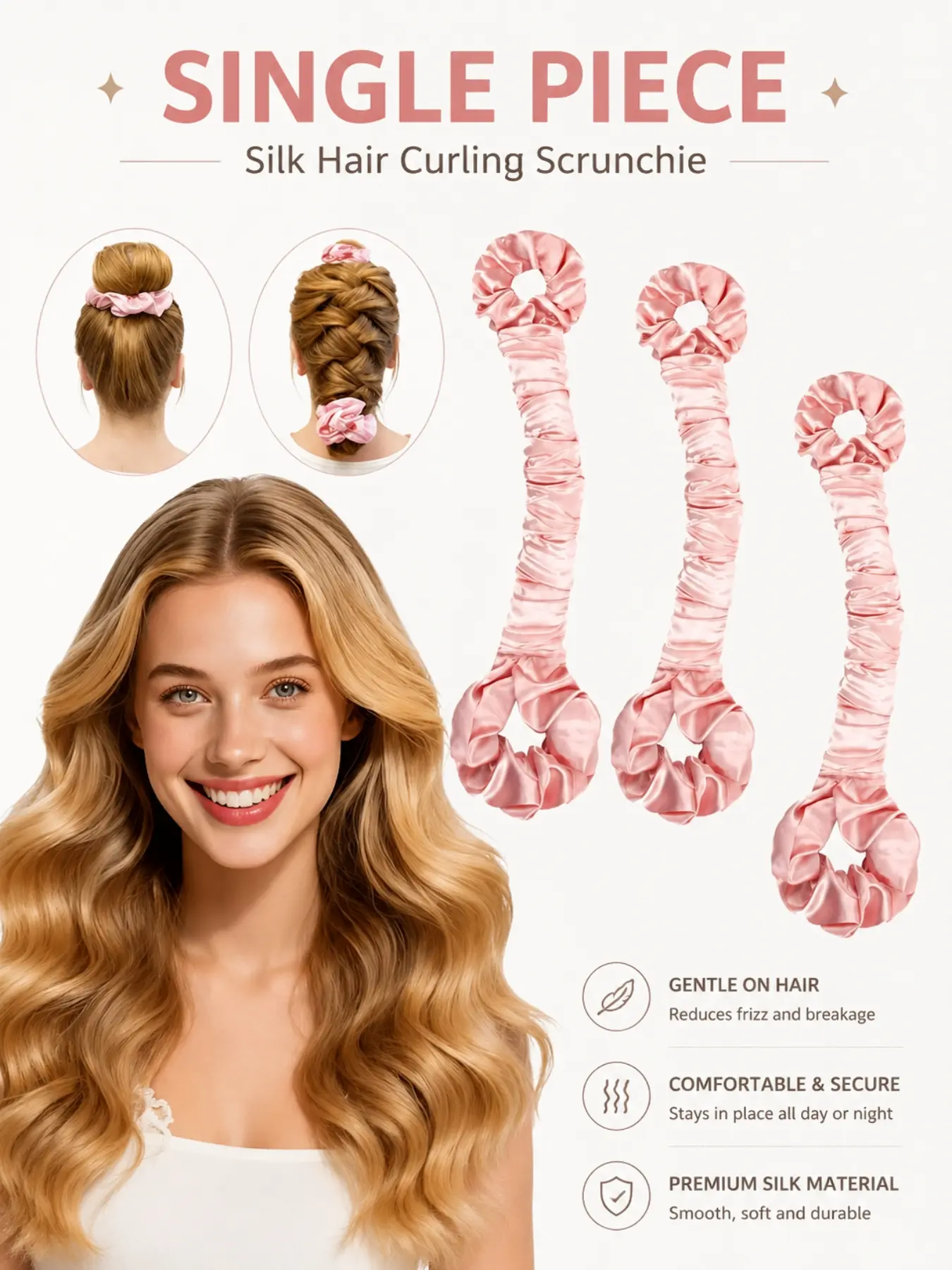 BONNET QUEEN Multi-function Satin Heatless Hair Curler & Hair Tie Non-Heating Hair Roller Curling Rod with Scrunchie, Heatless Curlers, Large, champagne(For Big Curls), Hair Curling Rods