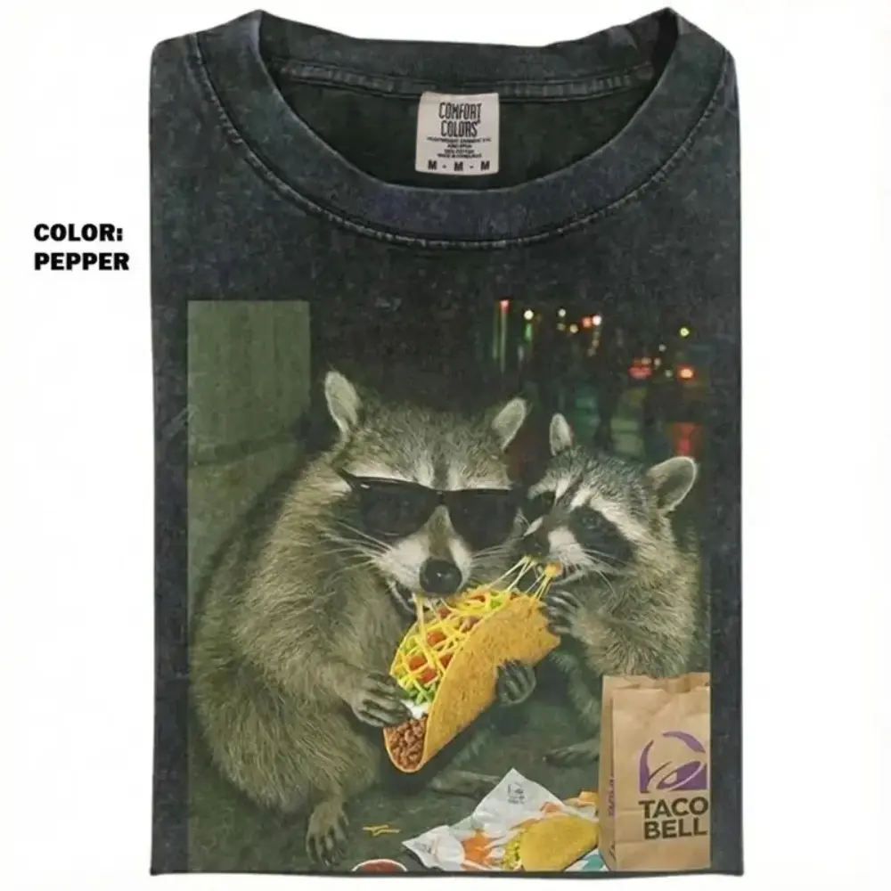 Comfort Colors Raccoon Eating Taco T-Shirt, Funny Meme Graphic Tee, Silly Animal Humor Shirt, Vintage Retro Unisex Top, Cute Raccoon Lover Gift, Gift for Men, Women funny shirts for women, Womenswear Cotton Top Streetwear