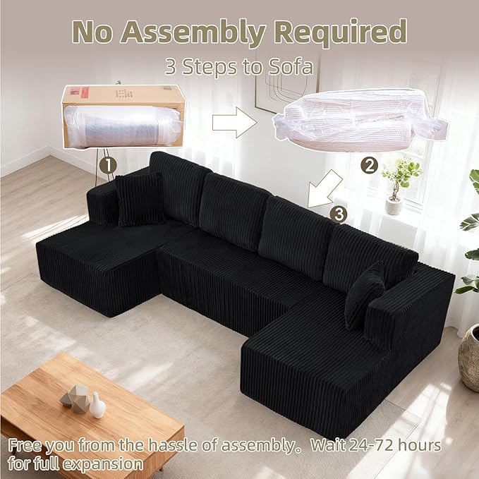 【Shipped in 2 or 3 packages】Popular No Assembly Needed 132'' U-Shape Oversized Cloud  sofa Couch - Corduroy Modular Sectional Sofa with 6 Soft Pillows, Deep Seat Boneless Upholstered Couches for Living Room