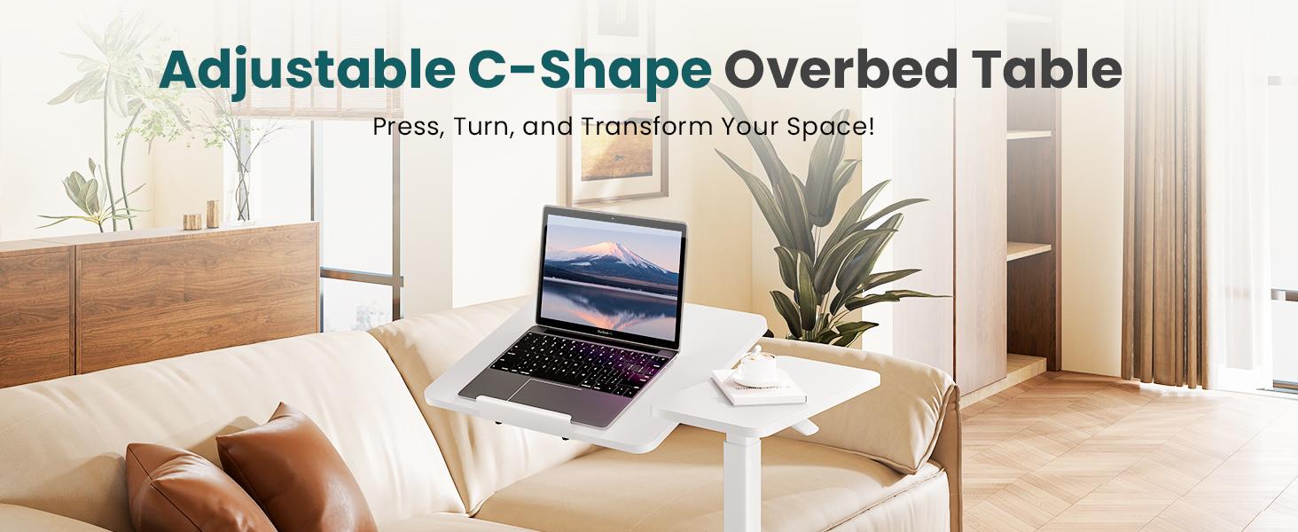 Overbed Bedside Table with Wheels, Mobile Standing Stand Up Rolling Laptop PC, Adjustable Height Tray, Side Computer Workstation for Home Use