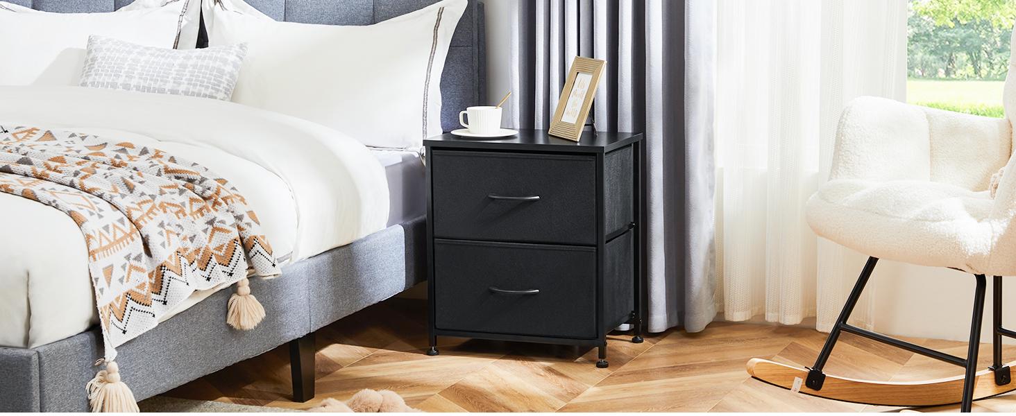 Nightstand with 2 Fabric Dresser, Side Table, End Table, Bedside Table, Night Stands, Small Nightstand,Bedroom Furniture