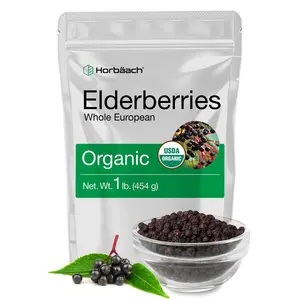 Horbäach Elderberries Dried Organic  | 1 lb Bulk Bag | Whole European | Non-GMO, Gluten Free | Sambucus Nigra