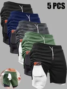 Men’s 5-piece casual shorts set, outdoor sports beach pants, 2-in-1 quick-dry double-layer shorts, suitable for summer outdoor activities