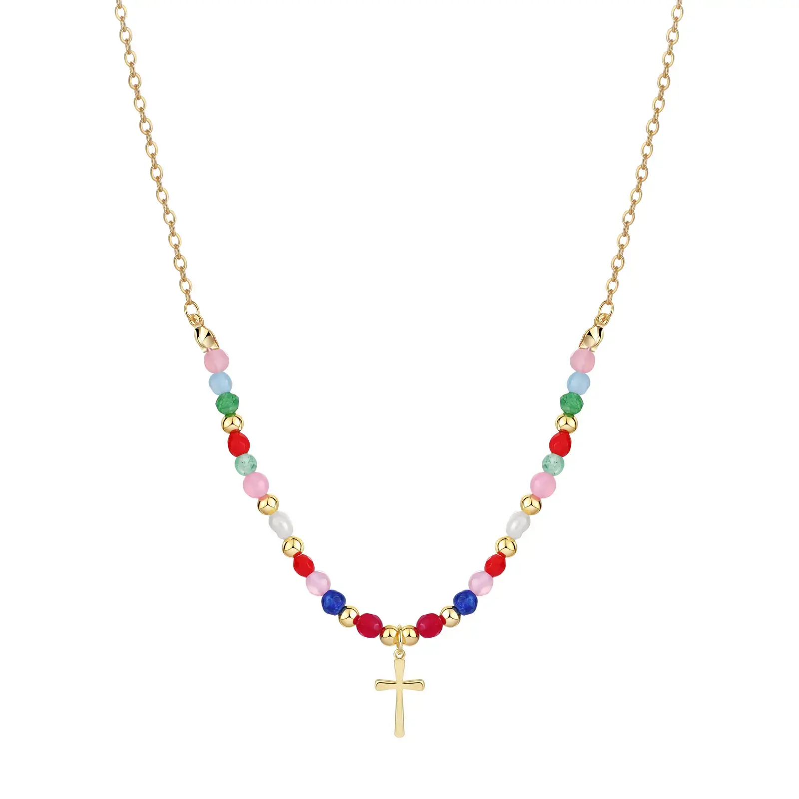 Colorful Beaded Cross Pendant Necklace with Symmetrical Multi-Color Beads and Delicate Gold Chain, 6g Lightweight Design for Summer Beach Vacation and Daily Street Snapshots, Gift for Women, Beaded Cross Necklaces, Colorful Necklaces