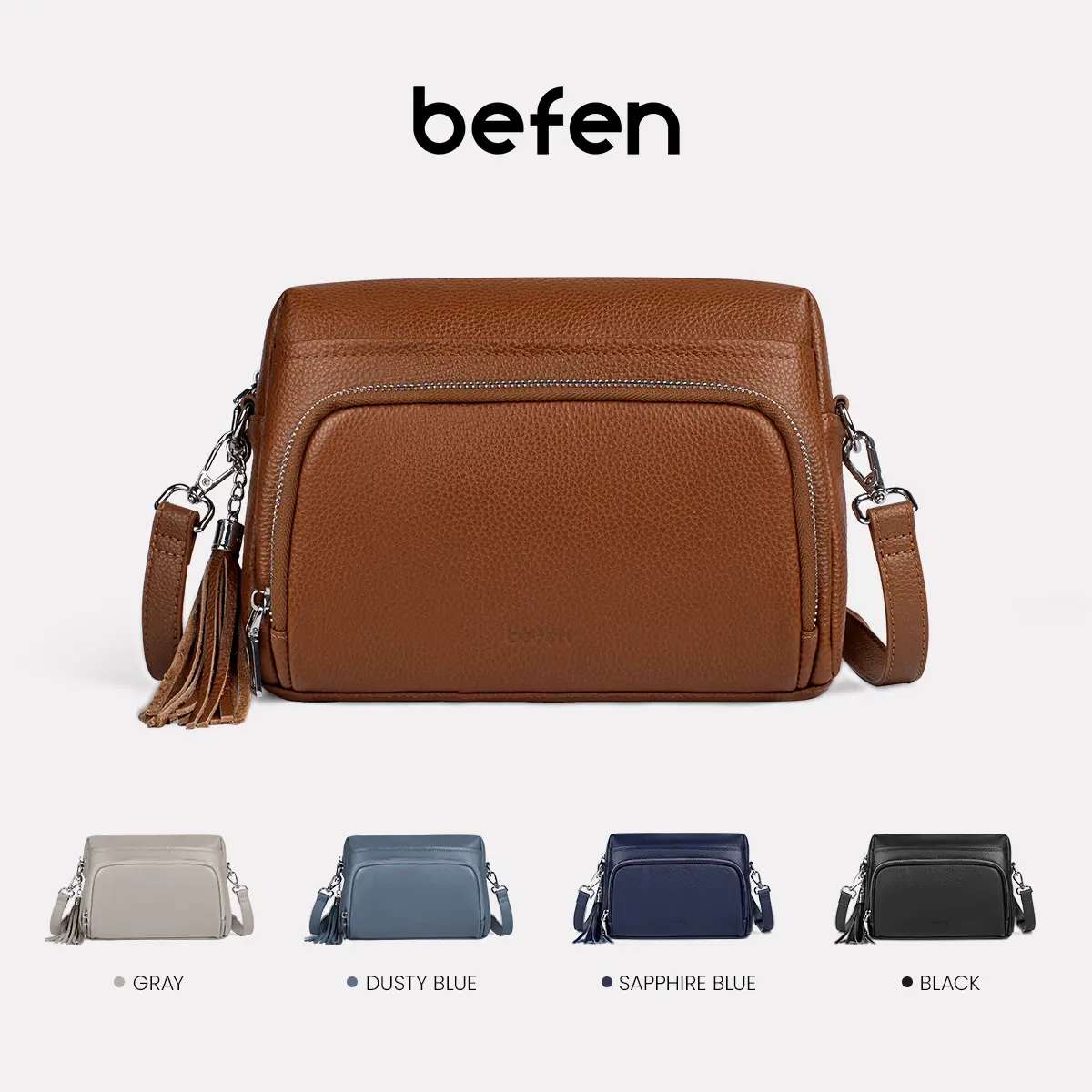 BEFEN Women's Genuine Leather 2-in-1 Crossbody & Shoulder Handbag - Work Bag, Everyday Purse, Minimalist Elegant, Expandable High-Capacity, Adjustable Strap, RFID Blocker Anti-Theft, Magnetic Closure, Holiday Ready, Cow Hide, Genuine Leather Bag