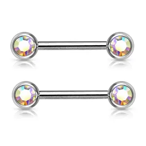 Double Gemmed Front Facing Nipple Barbells - 316L Stainless Steel - Pair