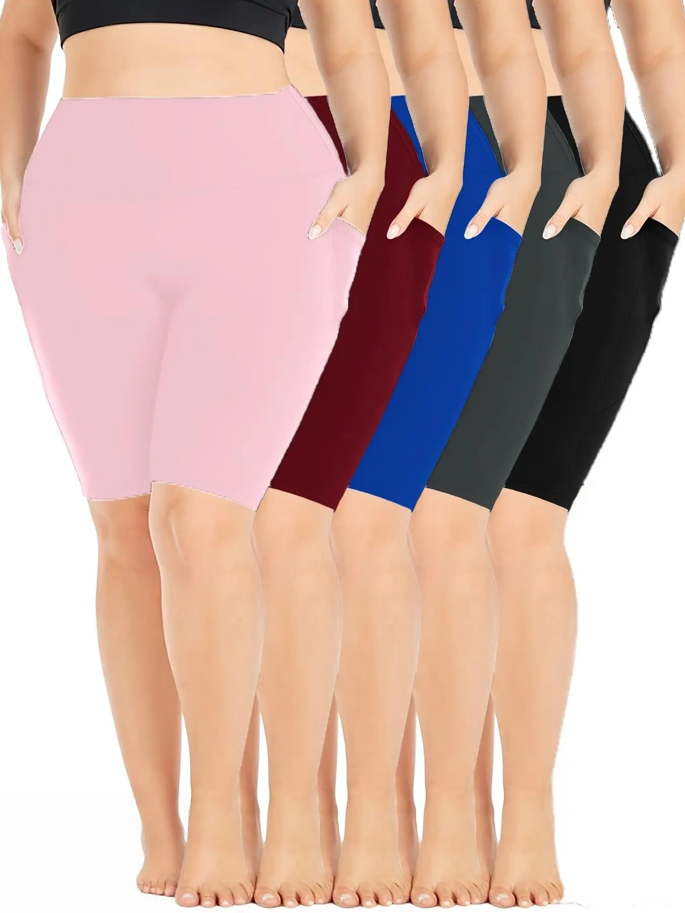 Plus Size - 5-Pack Plus Size High Waist Crescent Shaped Pocket Capri Pants, Casual Style, High Stretch Fabric, Summer Season, Seamless Full Coverage Gym Shorts, Super Soft Stretchy Polyester Blend Activewear for Running, Fitness, Machine Washable Summervi