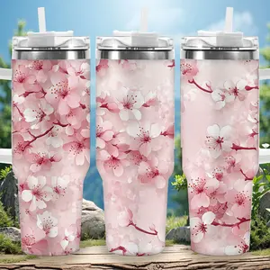 1pc 40oz Cherry Blossom Pattern Tumbler with Lid, Insulated Travel Mug, Gift for Women Men, Ideal for Halloween, Independence Day, Memorial Birthday Gift, Coffee Cup, weird stuff
