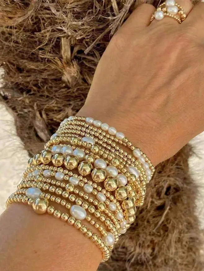 15pcs Set Of Stacked Gold Bracelets For Women And Girls, Mixed Bead Shaped Pearl Bracelet With Gold Plated Elastic Bead Ball Bracelet Set, Daily Surprise Gift Jewelry