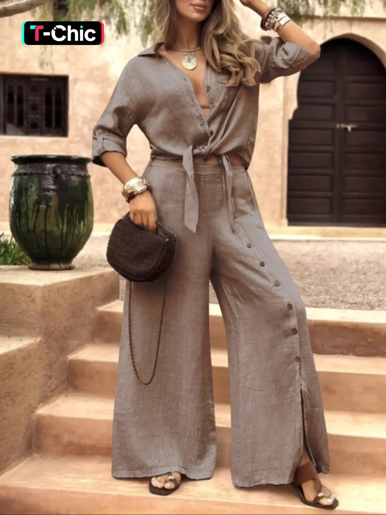Women's 2-Piece Tie-Back Long Sleeve Shirt and Single Button Wide-Leg Pants Trouser Set, Vintage Baggy Oversize Loose-Fit Casual Chic Fashion Clothes for All Seasons Womenswear Vibe