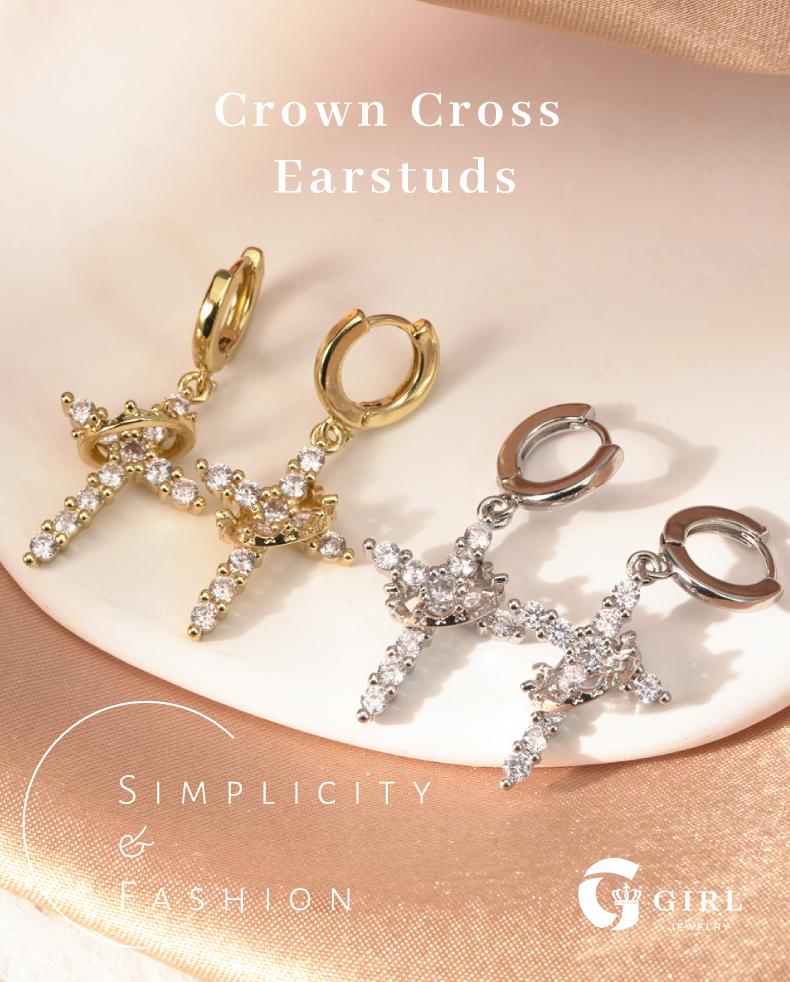 GGIRL 18K Gold Plated Crown Cross Earrings for Women Dainty CZ Pendant Hypoallergenic Non Tarnish Trendy Jewelry Casual Style Fashion Jewelry Gift for Holiday Haul Christmas Birthdays Anniversaries