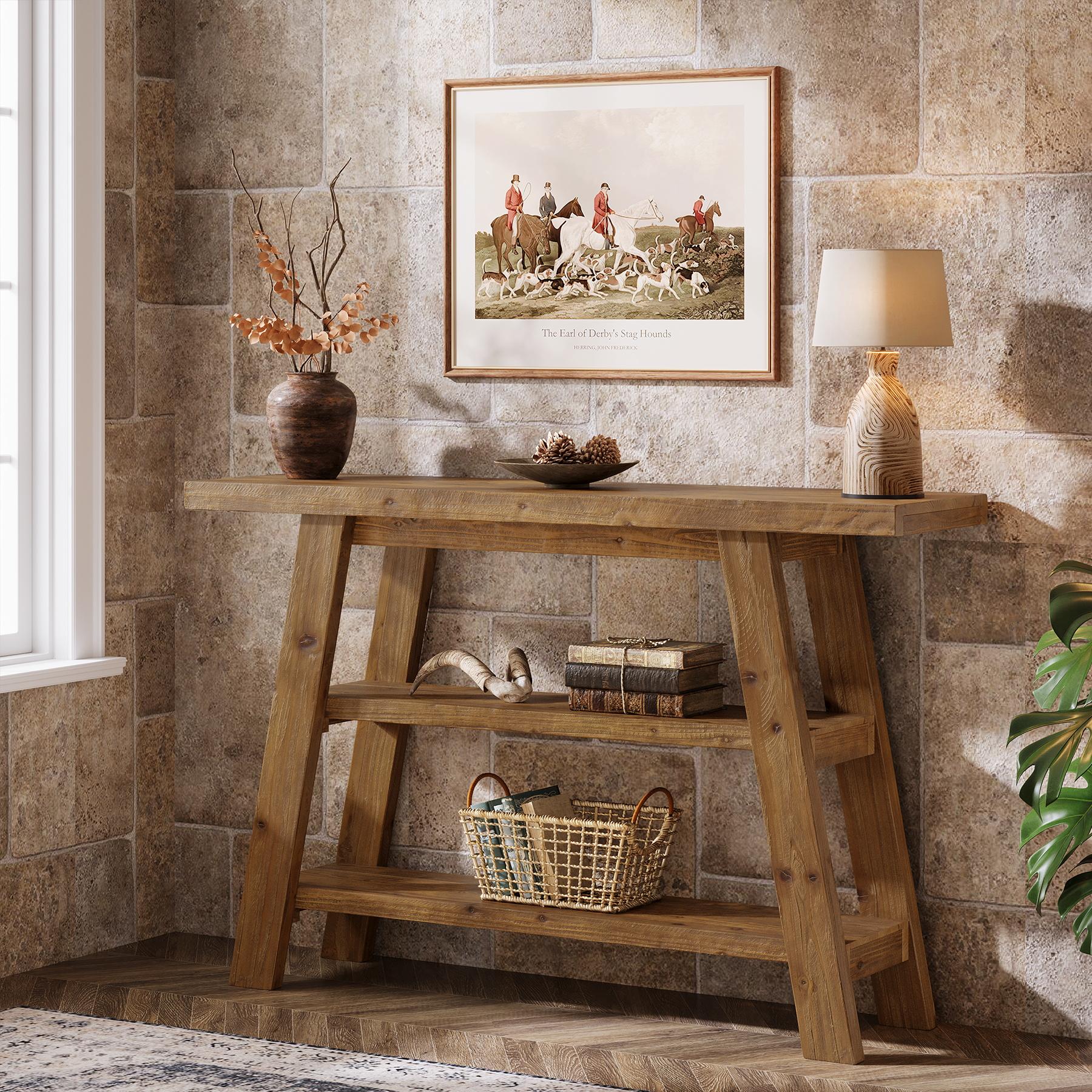 LITTLE TREE Solid Wood Console Table, 47.24" Long Farmhouse En,tryway Table with 3-Tier Shelves, Rectangular Couch Tables Behind Sofa, Narrow Accent Tables for Hallway, Entrance, Foyer, Living Room, Vintage Furniture
