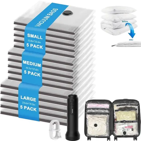 15-Pack Cordless Vacuum Sealing Travel Storage Bags with USB-Charging Handheld Pump, Space-Saving for Camping Bedding & Clothing