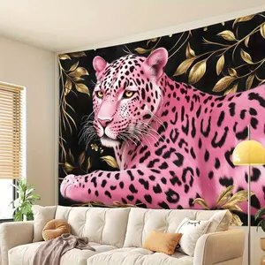 Glam Style Pink Leopard with Golden Leaves Dark Peach Skin Tapestries Wall Hanging, Indoor Decor for Living Room, Bedroom, Office & Garden Parties