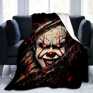 Pennywise Clown Horror Movie Blanket - Soft Flannel Throw with Pennywise Face & Red Black Splatter Design - All-Season Cozy Bedspread for Home, Office, Camping - IT Movie Fan Gift for Horror Fans (Machine Washable) - Soft Plush Texture-280GSM
