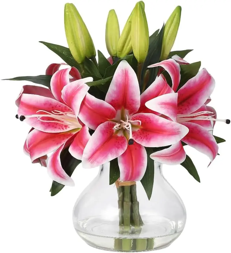GAOMON Artificial Tiger Lily Flower Set, 6 Stems Realistic Silk Lilies with Glass Vase, 13in Fake Flowers for Home Decor, Table Centerpieces, Gift