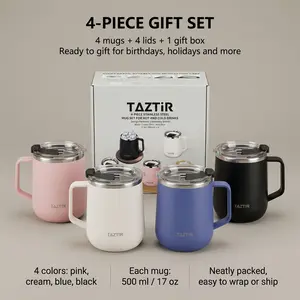 TAZTiR 4-Pack Insulated Coffee Mugs with Lids, 17 oz Stainless Steel Travel Tumblers, Spill-Resistant Slider Lid, Reusable Thermal Cups Gift Set, 4 Colors