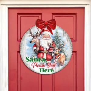 Designocracy 933116H 18 x 18 in. Santa Please Stop Here Sign Wood Welcome Sign Christmas Door Decor