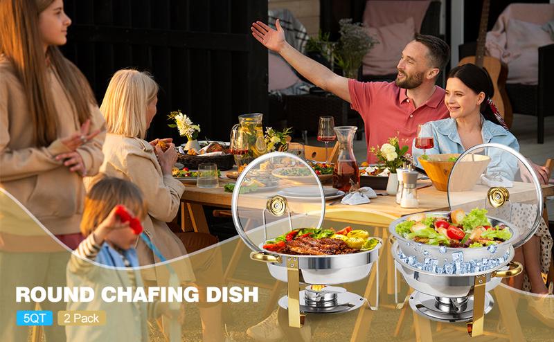 【Christmas Deal】GARVEE 2-Pack 5QT Stainless Steel Round Chafing Dish Buffet Set with Lid Holder & Glass Lid, Buffet Servers and Warmers for Parties, Weddings, Camping, Available in Gold and Silver