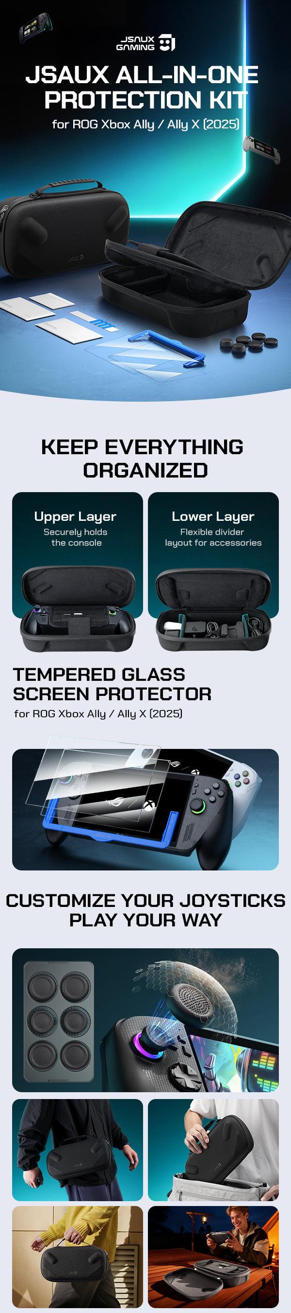 JSAUX Double-Decker Case for ROG Ally/ Ally X. Hard shell, big storage for charger & games. Perfect for travel
