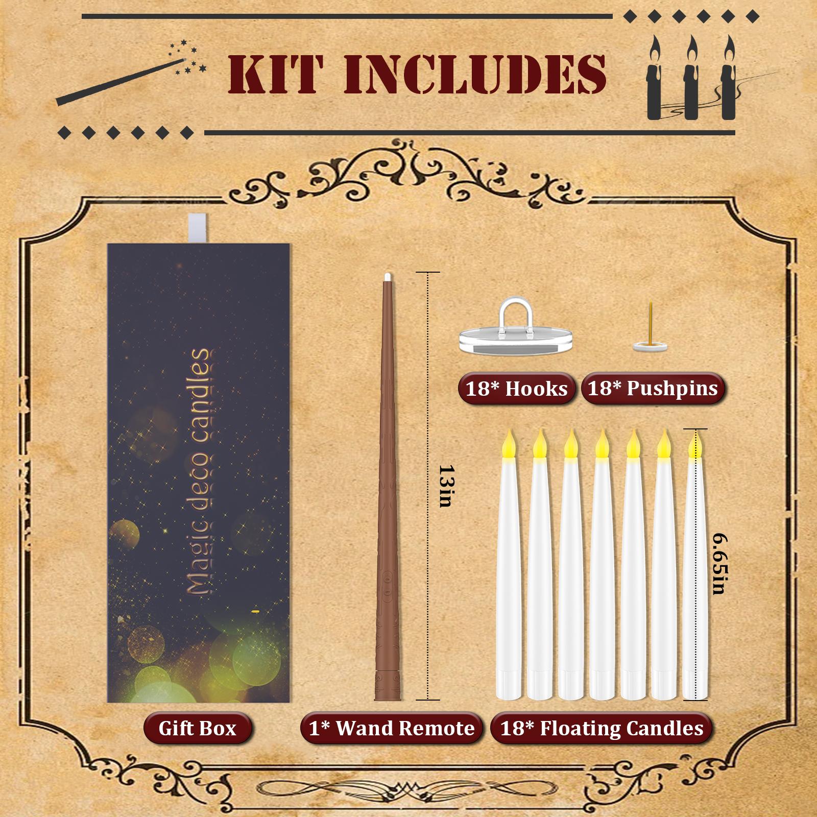 Floating Flameless Halloween Candles with Magic Wand Remote, 6.6" Hanging LED Taper Candles with Hooks & Fishing Line, Flickering Battery Operated Candles for Christmas, Windows, Spooky Indoor Outdoor Decor