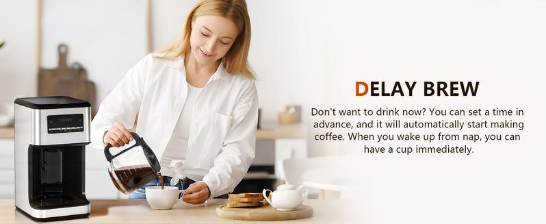 Coffee Maker, Drip Coffee Machine, 14-Cup Glass Carafe, Programmable, Delay Brew, Keep Warm, with Touch Screen, Stainless Steel,Silver