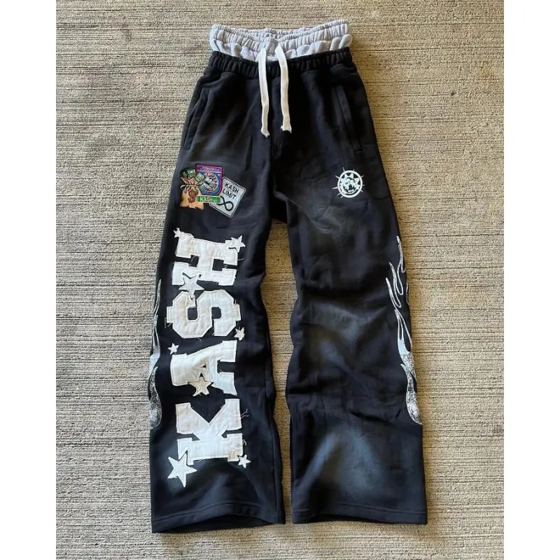 American Sweatpants Y2K Pants Men Gothic Hip Hop Letter Patch Retro Double Layer Design Baggy Elastic Waist Jogging Casual Pants