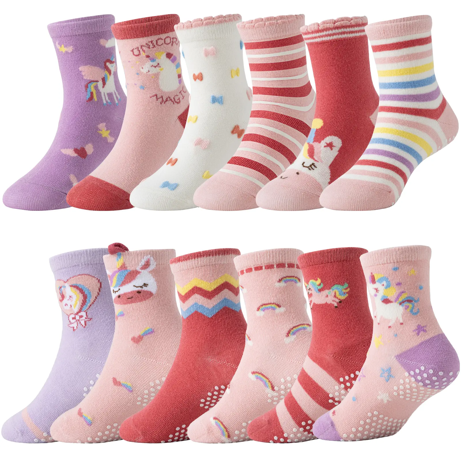 12 Pairs Baby Girls Toddlers Grips Socks Non Slip Anti Skid Unicorn Striped Crew Cotton Gift Socks for Kids, Soft Comfy Socks, Toddler Socks With Grips