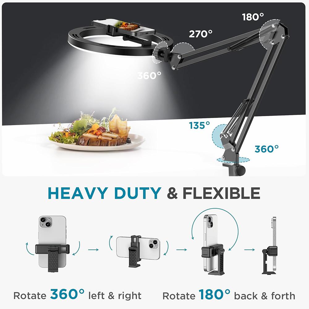 Adjustable Mechanical Arm Phone Mount with 10" Dimmable Ring Light & Remote, LED Selfie Ring Light for Desk with Phone Holder Fill Lamp, 1/4" for Camera, Universal For 4.7-7" Phone, for Selfie YouTube Tiktok Live Stream Cooking Video Recording Vlog
