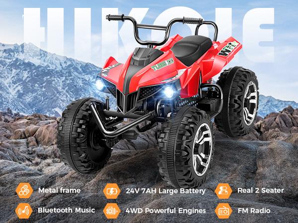 Hikole 24V 2 Seater Kids ATV, 4WD Ride On Four Wheele, LED Light, Metal Body, MP3, USB, Spring Suspension, Electric Quad for Boys Girls