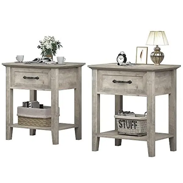 2-Piece Grey Wood Nightstands with Storage Drawer and Shelf, Modern End Side Tables for Bedroom, Living Room, Easy Assembly