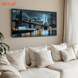 Modern Simple Urban Landscape Canvas Painting New York Skyline Night View World Trade Center Black White Gray Blue Tones Wooden Frame Poster for Living Room Bedroom Office Decoration Large Wall Art