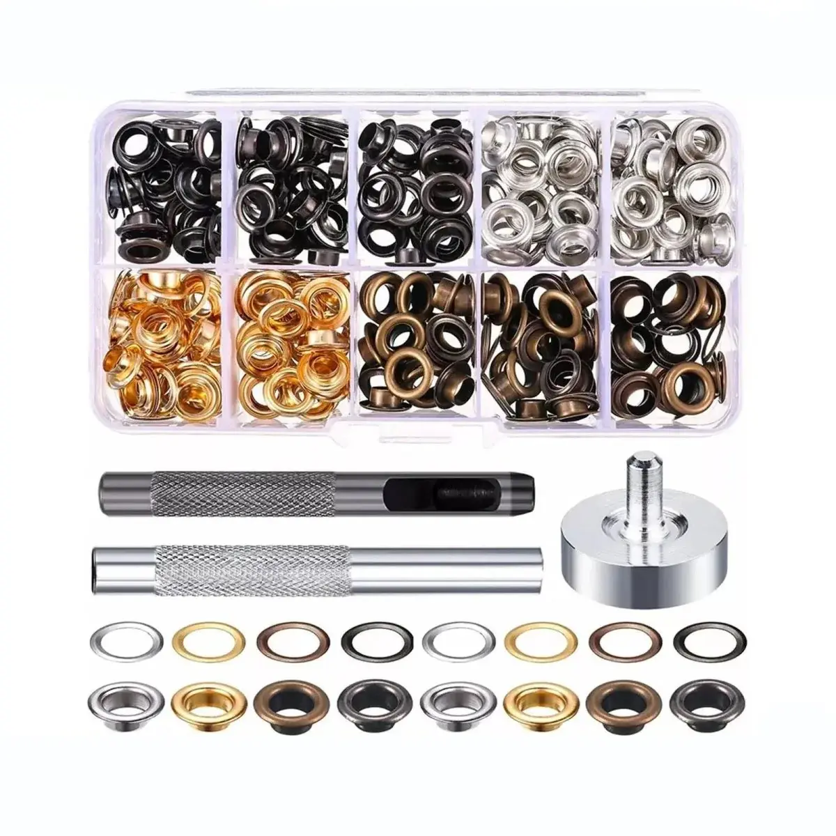 6mm Metal Grommet Kit with Washers, 200 Sets Fasteners for Leather, Fabric, Tarp, Shoes (Tools & Hardware Accessory), Fabric Leather, Millimeters