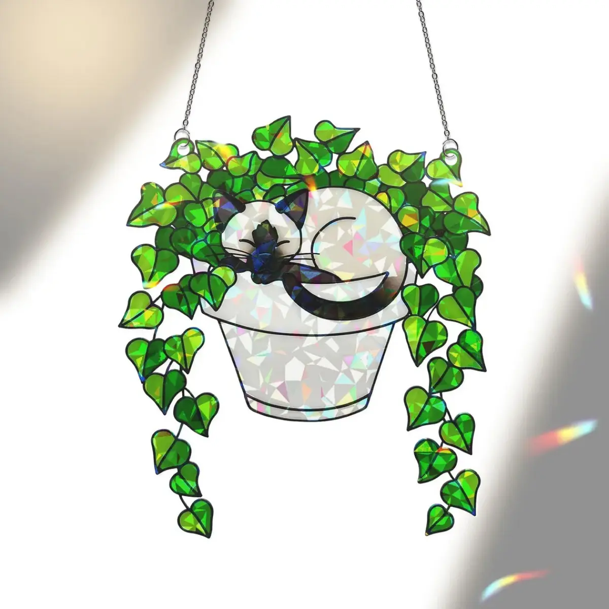 Holographic Siamese Cat Metal Frame 2-Sided Plastic Acrylic Suncatcher - Tree-Inspired Colorful Bedroom Window Decor, Home Hanging Light Ornament, Mother's Day Gift