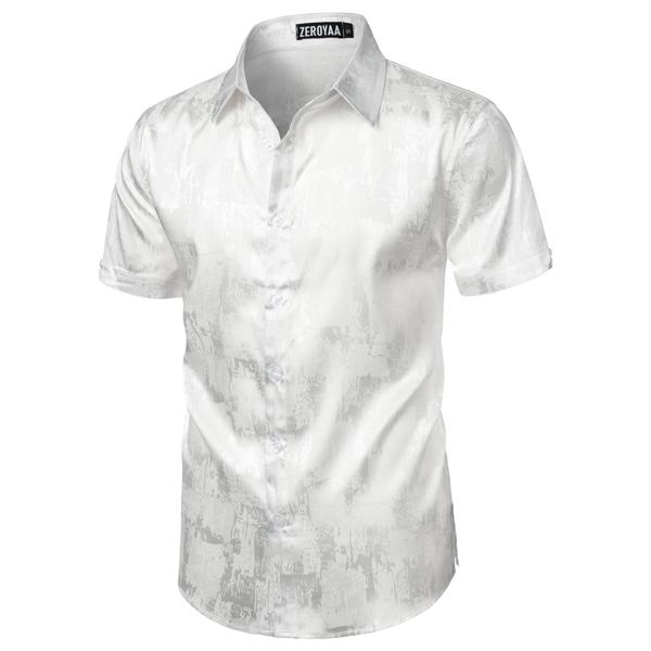 ZEROYAA Men's Shiny Luxury Silk Satin Jacquard Dress Shirt Short Sleeve Button Up Shirts for Party Prom