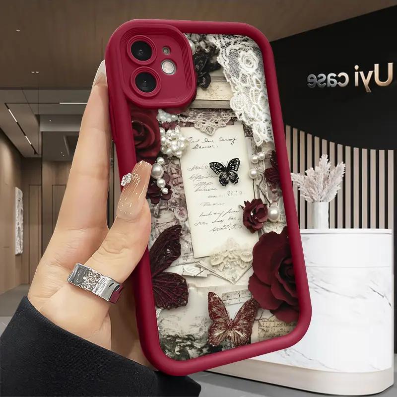 Romantic Rose Letters pattern phone case, compatible with iPhone 17 Pro Max, 16 Pro Max, 15 Pro, 14, 13, 12, and 11.  Shockproof and drop-resistant phone case made of durable silicone material.